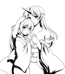 Rule 34 | 2girls, alternate costume, bare shoulders, breasts, collarbone, green eyes, greyscale, hand on another&#039;s head, holding hands, holding head, horns, hoshiguma yuugi, hug, isaki (gomi), japanese clothes, kimono, large breasts, long hair, mizuhashi parsee, monochrome, multiple girls, obi, pointy ears, red eyes, sash, short hair, simple background, single horn, smile, touhou, white background, wide sleeves, yuri