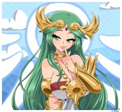 Rule 34 | 1girl, absurdres, armlet, bracer, breasts, circlet, collarbone, eyes visible through hair, green eyes, green hair, highres, jewelry, kid icarus, large breasts, long hair, neck ring, necklace, nintendo, palutena, parted bangs, simmsy, smile, solo, strapless, very long hair
