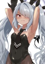 Rule 34 | 1girl, animal ears, armpits, arms up, bare shoulders, black leotard, black necktie, black pantyhose, black tail, blue archive, blush, breasts, dark-skinned female, dark skin, demon tail, detached collar, grey hair, hair over one eye, hair ribbon, halo, highleg, highleg leotard, highres, iori (blue archive), kurosaki kousuke, leotard, long hair, looking at viewer, necktie, pantyhose, playboy bunny, pointy ears, purple halo, rabbit ears, rabbit tail, red eyes, ribbon, simple background, small breasts, solo, strapless, strapless leotard, tail, twintails, very long hair, white background
