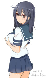 Rule 34 | 1girl, ahoge, black hair, blue sailor collar, blue skirt, breast hold, breasts, brown eyes, celestea tera, commentary request, cowboy shot, dated, dress, from behind, highres, kantai collection, large breasts, legs together, long hair, looking at viewer, looking back, open mouth, pleated dress, sailor collar, school uniform, serafuku, shirt, short sleeves, simple background, skirt, solo, standing, twitter username, ushio (kancolle), white background, white shirt