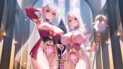 Rule 34 | 2girls, absurdres, arm up, blush, breasts, cameltoe, cape, church, cleavage cutout, clothing cutout, covered erect nipples, covered navel, crystal, detached sleeves, dress, hair between eyes, highres, holding, holding weapon, indoors, large breasts, leotard, long hair, looking at viewer, multiple girls, non-web source, nun, ogre (illustogre), original, pubic tattoo, purple eyes, red dress, staff, stained glass, standing, sword, tattoo, weapon, white background, white dress