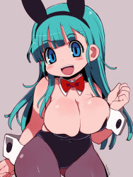 Rule 34 | 1990s (style), 1girl, :d, animal ears, aqua hair, beige background, black leotard, blue eyes, blush stickers, bow, bowtie, breasts, bulma, cleavage, contrapposto, covered navel, cowboy shot, detached collar, dragon ball, fake animal ears, female focus, gluteal fold, highres, large breasts, leotard, long hair, looking at viewer, open mouth, pantyhose, playboy bunny, purple pantyhose, rabbit ears, red bow, red bowtie, retro artstyle, signature, simple background, smile, solo, standing, wrist cuffs, zankuro
