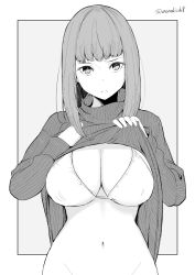 Rule 34 | 1girl, bikini, bikini top only, bikini under clothes, bottomless, breasts, cleavage, closed mouth, clothes lift, greyscale, groin, kichihachi, large breasts, lifting own clothes, long hair, long sleeves, looking at viewer, monochrome, navel, original, out-of-frame censoring, outside border, simple background, solo, straight hair, sweater, sweater lift, swimsuit, turtleneck, turtleneck sweater, twitter username