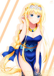 Rule 34 | 1girl, alice zuberg, alternate costume, bare shoulders, blonde hair, blue dress, blue eyes, blush, bow, braid, breasts, cleavage, collarbone, commentary request, cowboy shot, dress, hairband, hand in own hair, hand on own thigh, highres, jewelry, ken-ji, large breasts, leaning forward, long hair, looking at viewer, side slit, single braid, sleeveless, sleeveless dress, smile, solo, standing, strapless, sword art online, thighs, very long hair
