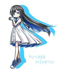 Rule 34 | 1girl, black hair, blue bow, blue eyes, blue hair, blue ribbon, bow, brooch, buttons, cevio, character name, closed mouth, colored inner hair, commentary request, dress, drop shadow, footwear bow, full body, futaba minato, hair ornament, hairclip, half-closed eyes, hands up, highres, jewelry, layered dress, light blush, long hair, looking at viewer, multicolored hair, neck ribbon, no pupils, own hands together, palms together, ribbon, romaji text, shoes, sideways glance, smile, sneakers, solo, sora-doufu, white background, white dress