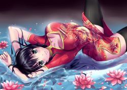 Rule 34 | 1girl, absurdres, black eyes, black hair, black thighhighs, breasts, china dress, chinese clothes, cleavage cutout, clothing cutout, dress, flower, highres, long hair, looking at viewer, lying, on back, original, petals, smile, solo, soyokaze, thighhighs, water