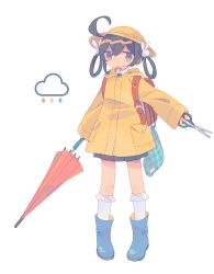 Rule 34 | 1girl, :o, ahoge, arm at side, backpack, bag, black hair, blue eyes, blue footwear, boots, closed umbrella, cloud, daizu (melon-lemon), fang, full body, gradient eyes, hair between eyes, hair ornament, hair rings, hat, highres, holding, holding scissors, holding umbrella, kneehighs, long sleeves, looking at viewer, multicolored eyes, no nose, open mouth, original, outstretched arm, plaid, rabbit hair ornament, raincoat, randoseru, rubber boots, scissors, simple background, socks, solo, standing, tears, twintails, umbrella, white background, white socks, wing collar, yellow hat