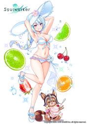 Rule 34 | 1girl, absurdres, animal, armpits, arms behind head, arms up, bare arms, bare legs, bare shoulders, bikini, braid, breasts, cherry, cleavage, ephnel, floating hair, flower, food, frilled bikini, frills, front-tie bikini top, front-tie top, fruit, full body, grin, groin, hair flower, hair ornament, halterneck, hat, hat flower, highres, large breasts, leg up, lime (fruit), lime slice, long hair, looking at viewer, maett, multi-strapped bikini, navel, official art, platform footwear, platform heels, purple eyes, sandals, single braid, smile, solo, soulworker, standing, standing on one leg, stomach, strawberry, string bikini, sun hat, swimsuit, thighs, white bikini, white hair, white hat
