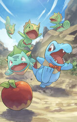 Rule 34 | all fours, apple, bandana, bandana around neck, blue skin, blurry, blurry background, bow, bowtie, bulbasaur, chasing, colored skin, creatures (company), dilated pupils, food, fruit, game freak, gen 1 pokemon, gen 2 pokemon, gen 3 pokemon, glasses, green skin, hakkentai pokedan, highres, holding, kecleon, looking back, nintendo, open mouth, pokemon, pokemon (creature), pokemon mystery dungeon, red eyes, sharp teeth, standing, teeth, totodile, yellow bandana