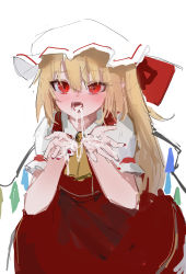 Rule 34 | :o, ascot, blonde hair, blush, cowboy shot, crystal, cum, cum in mouth, cum on hands, dress, eyes visible through hair, fangs, flandre scarlet, hat, highres, long hair, looking at viewer, mob cap, nail polish, puffy short sleeves, puffy sleeves, red dress, red eyes, red nails, red ribbon, reddizen, ribbon, short sleeves, simple background, touhou, white background, white hat, wings, yellow ascot