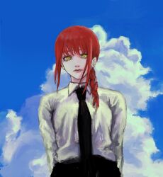 Rule 34 | 1girl, arms behind back, black necktie, black pants, blue background, blue sky, braid, braided ponytail, chainsaw man, cloud, collared shirt, cumulonimbus cloud, day, highres, looking at viewer, makima (chainsaw man), medium hair, necktie, pants, red hair, ringed eyes, shirt, shirt tucked in, sidelocks, sky, solo, white shirt, yellow eyes, yohohoi