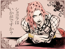 Rule 34 | 1boy, brown background, diavolo, ichimoku (tansio5), jojo no kimyou na bouken, lipstick, long hair, lying, makeup, male focus, nail polish, on stomach, pink hair, simple background, sketch, solo, tattoo, translation request, wristband