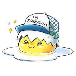 Rule 34 | baseball cap, colored skin, commentary request, digimon, digimon (creature), egg, english text, hat, highres, la wuchi, no humans, pun, simple background, slime (creature), smug, solo, sparkle, white background, yellow skin, yolkmon