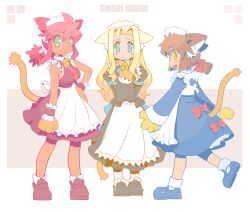 3girls :3 ahoge animal_ear_fluff animal_ears animal_hands apron bell black_footwear black_shirt black_skirt black_wrist_cuffs blonde_hair blue_bow blue_bowtie blue_dress blue_eyes blue_footwear bow bowtie breasts brown_hair cat_ears cat_girl cat_tail closed_mouth collared_dress collared_shirt commentary_request dark-skinned_female dark_skin dress dress_bow floppy_ears freckles frilled_wrist_cuffs frills full_body furrowed_brow green_eyes grey_dress grey_footwear hair_between_eyes hair_intakes hand_on_own_hip jingle_bell juliet_sleeves long_dress long_hair long_sleeves looking_at_viewer maid maid_apron maid_headdress multiple_girls neck_bell necktie original pink_hair puffy_sleeves red_bow red_necktie shirt shisui short_hair short_ponytail sidelocks skirt sleeveless sleeveless_shirt socks standing tail white_apron white_socks wrist_cuffs yellow_eyes