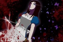 Rule 34 | 1girl, alice: madness returns, alice (alice in wonderland), alice in wonderland, alice liddell (american mcgee&#039;s alice), american mcgee&#039;s alice, apron, black hair, blood, blue eyes, bug, butterfly, dress, fire, insect, jewelry, knife, long hair, necklace