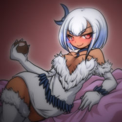 Rule 34 | 1girl, absol, bare shoulders, blush, breasts, cleavage, creatures (company), dark-skinned female, dark skin, dress, female focus, game freak, gen 3 pokemon, gloves, hair ornament, jewelry, lying, necklace, nintendo, on side, personification, pokemon, red eyes, shiratsuki (royal moon), short hair, smile, solo, thighhighs, white hair