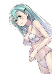 Rule 34 | 10s, 1girl, ^^^, aqua eyes, aqua hair, bra, breasts, hair ornament, hairclip, highres, kantai collection, large breasts, long hair, looking at viewer, own hands together, panties, pocket, smile, solo, strap gap, suzuya (kancolle), takamine nadare, underwear, white background, white bra, white panties