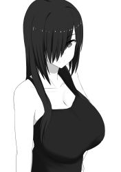 Rule 34 | 1girl, black hair, black shirt, breasts, cleavage, collarbone, grey eyes, greyscale, hair over one eye, hand on own hip, highres, huge breasts, monochrome, nao (ritsancrossover), original, pai-chan (naozuri), shirt, solo, tank top