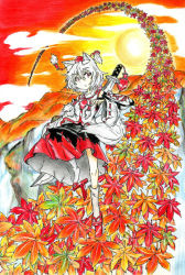 Rule 34 | 1girl, animal ears, black skirt, closed mouth, colored pencil (medium), full body, geta, gokuu (acoloredpencil), gradient sky, hat, inubashiri momiji, leaf, long skirt, long sleeves, looking at viewer, maple leaf, pom pom (clothes), red footwear, red hat, red skirt, ribbon-trimmed sleeves, ribbon trim, short hair, skirt, sky, socks, solo, sun, sword, sword behind back, tail, tengu-geta, tokin hat, touhou, traditional media, two-tone skirt, weapon, white hair, white socks, wide sleeves, wolf ears, wolf girl, wolf tail