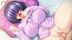 Rule 34 | 1girl, ahoge, bed, blue hair, blush, bottomless, breasts, button gap, censored, cum, cum in pussy, ejaculation, embarrassed, from above, game cg, groin, hair over eyes, hands up, indoors, large breasts, legs, lying, mashimo saaya, mekakure, produce! ~uchiki na osananajimi no sugao wo mite mitai!~, mosaic censoring, no panties, on bed, open mouth, orgasm, original, pajamas, penis, pillow, pussy, sex, short hair, spread legs, thighs, urute, vaginal