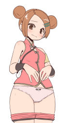 Rule 34 | 1girl, armlet, blush, brown hair, chinese clothes, clothes pull, double bun, dragon gal, female focus, flat color, hair ornament, hairclip, highres, mui mui (snk), panties, short hair, shorts, shorts pull, simple background, snk, solo, sumiyao (amam), sweat, the king of fighters, the king of fighters xiv, underwear, white background