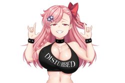 Rule 34 | 1girl, bouncing breasts, braid, breasts, cleavage, covered erect nipples, girls&#039; frontline, grin, hair ornament, hair ribbon, hideyoshiao1, highres, large breasts, long hair, looking at viewer, negev (girls&#039; frontline), pink hair, red eyes, ribbon, smile, solo, upper body