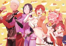 Rule 34 | 1boy, 4girls, animal ears, animal hands, apron, archer (fate), arm pump, bell, benienma (fate), boudica (fate), breasts, collar, dark-skinned male, dark skin, fang, fate/grand order, fate (series), food background, fox ears, fox tail, gloves, highres, large breasts, minamoto no raikou (fate), multiple girls, navel, neck bell, one eye closed, paw gloves, pink hair, ponytail, purple hair, red hair, smile, tail, takashi (onikukku), tamamo (fate), tamamo cat (fate), tamamo cat (second ascension) (fate), trait connection, white hair, wide sleeves