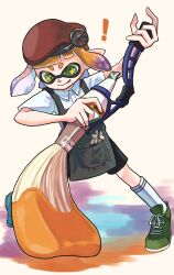 Rule 34 | !, + +, 1girl, apron, beret, collared shirt, commentary request, gradient hair, green eyes, green footwear, hat, highres, holding, holding brush, inkbrush (splatoon), inkling, inkling girl, inkling player character, multicolored hair, nastar r0, nintendo, orange hair, paint, paintbrush, purple hair, shirt, shoelaces, shoes, short hair, socks, solo, splatoon (series), tongue, tongue out, two-tone hair, white background, white shirt, white socks