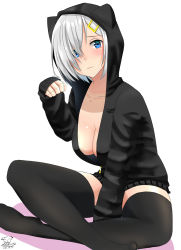 Rule 34 | 10s, 1girl, 2016, alternate costume, animal ears, between legs, black thighhighs, blue eyes, blush, breasts, cleavage, collarbone, dated, fake animal ears, full body, hair ornament, hair over one eye, hairclip, hamakaze (kancolle), hand between legs, highres, hood, hooded jacket, indian style, jacket, kantai collection, large breasts, long sleeves, looking at viewer, lucian (46888342), no bra, paw pose, short hair, silver hair, simple background, sitting, sleeves past wrists, solo, thighhighs, thighs, unzipped, wavy mouth, white background