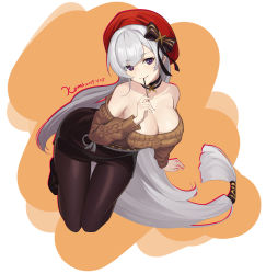 Rule 34 | 1girl, aran sweater, artist name, azur lane, bare shoulders, belfast (azur lane), belfast (shopping with the head maid) (azur lane), beret, black bow, black choker, black pantyhose, black skirt, bow, breasts, brown sweater, cable knit, choker, cleavage, collarbone, commentary, dated, hand up, hat, hat bow, head tilt, highres, holding, komi (komiking), large breasts, long hair, long sleeves, looking at viewer, low-tied long hair, miniskirt, off-shoulder sweater, off shoulder, pantyhose, pencil skirt, purple eyes, red hat, signature, silver hair, skirt, smile, solo, sweater, thighs, very long hair
