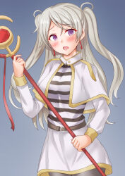 Rule 34 | 1girl, anti (untea9), black pantyhose, blue background, blush, breasts, brown eyes, capelet, color connection, conte di cavour (kancolle), cosplay, earrings, frieren, frieren (cosplay), gem, gradient background, grey hair, hair color connection, hairstyle connection, highres, holding, holding staff, jewelry, kantai collection, long hair, long sleeves, looking at viewer, mage staff, medium breasts, open mouth, pantyhose, red gemstone, shirt, solo, sousou no frieren, staff, striped clothes, striped shirt, two side up, white capelet