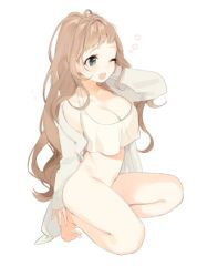 Rule 34 | 1girl, ;o, bad id, bad twitter id, bare legs, barefoot, blush, bottomless, bra, breasts, brown hair, cleavage, full body, green eyes, grey shirt, homua, jpeg artifacts, kneeling, large breasts, long hair, long sleeves, one eye closed, open clothes, open shirt, shirt, sidelocks, simple background, solo, underwear, white background, white bra, yawning