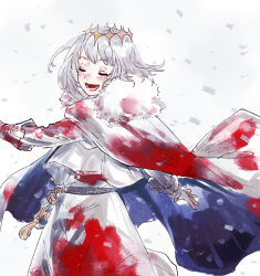 Rule 34 | 1boy, blood, blood on clothes, cape, closed eyes, diamond hairband, dress shirt, eiki (eikityou 55), fate/grand order, fate (series), fur-trimmed cape, fur trim, grey hair, long sleeves, lower teeth only, male focus, oberon (fate), robe, shirt, short hair, solo, spinning, tassel, teeth, white background, white cape, white robe