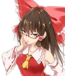 Rule 34 | 1girl, adjusting eyewear, ascot, bespectacled, bow, breasts, brown eyes, brown hair, detached sleeves, glasses, hair bow, hair tubes, hakurei reimu, huge bow, lips, long hair, medium breasts, parted lips, red-framed eyewear, red bow, ribbon-trimmed sleeves, ribbon trim, sidelocks, simple background, solo, takashi (harukasaigusa), touhou, underwear, white background, wide sleeves, yellow ascot