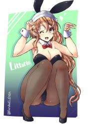 Rule 34 | 10s, 1girl, animal ears, black pantyhose, bow, bowtie, breasts, brown eyes, brown hair, character name, cleavage, detached collar, fake animal ears, fishnet pantyhose, fishnets, headdress, high heels, kantai collection, large breasts, leotard, littorio (kancolle), long hair, one eye closed, pantyhose, playboy bunny, rabbit ears, rabbit tail, shinshin, smile, solo, squatting, tail, wavy hair, wrist cuffs