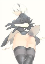 Rule 34 | 1girl, absurdres, ass, black dress, black thighhighs, blindfold, breasts, closed mouth, clothes lift, dress, dress lift, feather trim, from behind, gloves, headband, highres, leotard, lips, long sleeves, looking at viewer, looking back, mole, mole under mouth, nier (series), nier:automata, pink lips, puffy sleeves, ribbed dress, shikuro (masax1107), short dress, short sleeves, solo, standing, sword, thick thighs, thighhighs, thighs, vambraces, weapon, white background, white hair, 2b (nier:automata)