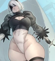 Rule 34 | 1girl, 2b (nier:automata), blindfold, breasts, brown thighhighs, cleavage, cleavage cutout, clothing cutout, commentary, curvy, highleg, highleg leotard, highres, holding, holding sword, holding weapon, kelvin hiu, large breasts, leotard, lips, long sleeves, mole, mole under mouth, nier:automata, nier (series), parted lips, puffy long sleeves, puffy sleeves, shiny skin, short hair, solo, sword, thick thighs, thighhighs, thighs, thong leotard, weapon, white hair, white leotard, wide hips
