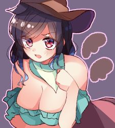 Rule 34 | 1girl, animal ears, arm under breasts, bandana, bare shoulders, black hair, blue shirt, blush, breasts, brown hat, cleavage, cowboy hat, cowboy shot, detached wings, eyes visible through hair, hand up, hat, highres, horse ears, kurokoma saki, large breasts, leaning forward, long hair, meimei (meimei89008309), off-shoulder shirt, off shoulder, one-hour drawing challenge, open mouth, outline, pegasus wings, puffy short sleeves, puffy sleeves, red eyes, shirt, short sleeves, solo, swept bangs, touhou, white outline, wings