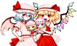 Rule 34 | 2girls, absurdres, ascot, bat wings, blonde hair, blue hair, commentary, crystal, doll, flandre scarlet, fumo (doll), hair ribbon, hat, highres, holding, holding doll, looking at viewer, mob cap, multiple girls, natucurage, open mouth, pink headwear, pink skirt, red eyes, red ribbon, red skirt, remilia scarlet, ribbon, short hair, short sleeves, siblings, simple background, sisters, skirt, touhou, twitter username, white background, wings, yellow ascot