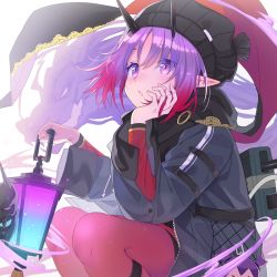 Rule 34 | 1girl, arknights, beanie, black hat, black shorts, gradient hair, grey jacket, hair between eyes, hand on own face, hat, hibiscus (arknights), hibiscus (night watcher) (arknights), highres, holding, holding lantern, horns, jacket, lantern, long sleeves, looking away, multicolored hair, official alternate costume, open clothes, open jacket, pantyhose, parted lips, pointy ears, purple eyes, purple hair, red hair, red pantyhose, red shirt, shirt, short shorts, shorts, solo, somnium, squatting, white background