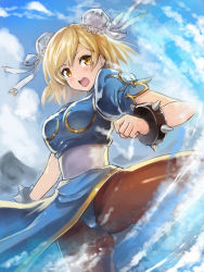 Rule 34 | 1girl, blonde hair, blue dress, bracelet, breasts, bun cover, china dress, chinese clothes, chun-li, chun-li (cosplay), cloud, commentary request, cosplay, day, djeeta (granblue fantasy), double bun, dress, edobox, gluteal fold, granblue fantasy, jewelry, kicking, large breasts, leg up, open mouth, outdoors, panties, pantyhose, pantyshot, pelvic curtain, sash, short hair, side slit, sky, solo, spiked bracelet, spikes, street fighter, underwear, yellow eyes