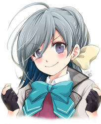 Rule 34 | 1girl, black gloves, blue hair, bow, bowtie, closed mouth, cropped torso, dated, gloves, grey hair, hair between eyes, kantai collection, kiyoshimo (kancolle), kiyoshimo kai ni (kancolle), long hair, looking at viewer, matsuura@parao, multicolored hair, partially fingerless gloves, purple eyes, signature, simple background, smile, solo, upper body, white background
