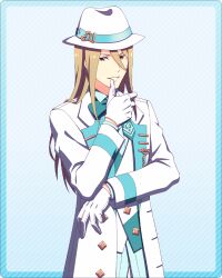 Rule 34 | 1boy, aqua bow, aqua bowtie, blonde hair, bow, bowtie, fedora, formal, gloves, hair between eyes, hat, idolmaster, idolmaster side-m, idolmaster side-m growing stars, koron chris, long sleeves, male focus, official art, simple background, smile, solo, suit, thumb to mouth, white gloves, white suit, yellow eyes