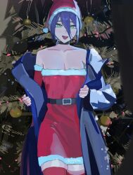 1girl absurdres alternate_costume belt black_choker black_coat blush breasts chainsaw_man choker christmas_tree cleavage coat collarbone commentary_request detached_sleeves dress hair_between_eyes hat highres large_breasts long_hair_between_eyes looking_at_viewer open_clothes open_coat purple_hair red_dress red_hat red_thighhighs reze_(chainsaw_man) santa_costume santa_hat short_hair solo strapless strapless_dress thighhighs yu_ni_taro zettai_ryouiki