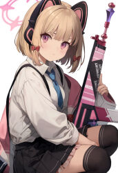 Rule 34 | 1girl, animal ear headphones, animal ears, assault rifle, battle rifle, black skirt, black thighhighs, blonde hair, blue archive, blue necktie, bow, closed mouth, collared shirt, fake animal ears, gun, h&amp;k g3, hair bow, halo, headphones, highres, holding, holding gun, holding weapon, kurige horse, long sleeves, looking at viewer, momoi (blue archive), necktie, pink eyes, red bow, rifle, shirt, sidelocks, simple background, skirt, solo, squatting, thighhighs, weapon, white background, white shirt