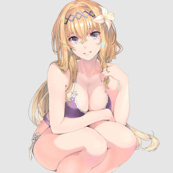 Rule 34 | 1girl, bikini, blonde hair, blue eyes, breasts, commentary request, flower, granblue fantasy, grey background, hair between eyes, hair flower, hair ornament, highres, jeanne d&#039;arc (granblue fantasy), large breasts, lips, long hair, looking at viewer, naruse hirofumi, parted lips, purple bikini, side-tie bikini bottom, sidelocks, simple background, smile, solo, squatting, swimsuit, white flower