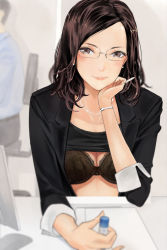 1boy, 1girl, bangs, black bra, black shirt, black suit, blurry, blush, bra, bracelet, breasts, brown hair, business suit, chair, depth of field, desk, elbow rest, formal, glasses, hand on own cheek, hand on own face, hand up, holding, holding marker, indoors, jewelry, lace, lace-trimmed bra, lace trim, light smile, lips, looking at viewer, marker, mature female, monitor, necklace, office, office chair, office lady, original, parted bangs, pearl necklace, rectangular eyewear, rimless eyewear, ring, shida (ddfd), shirt, shirt lift, sitting, sleeves folded up, solo focus, suit, underwear
