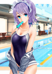 Rule 34 | 1girl, bad id, bad pixiv id, bare shoulders, blue bow, blue eyes, blue one-piece swimsuit, bow, braid, breasts, cleavage, collarbone, commentary request, competition swimsuit, covered navel, cowboy shot, flower pot, food, food in mouth, grey jacket, hair between eyes, hair bow, izayoi sakuya, jacket, libus, long sleeves, maid headdress, medium breasts, mouth hold, off shoulder, one-piece swimsuit, plant, pool, popsicle, short hair, silver hair, solo, standing, string of flags, swimsuit, touhou, twin braids, water