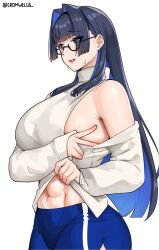 Rule 34 | 1girl, armpits, black-framed eyewear, blue eyes, blue hair, blue pants, breasts, cromwellb, denim, glasses, highres, hololive, hololive english, jeans, large breasts, long hair, looking at viewer, midriff, midriff peek, muscular, muscular female, navel, ouro kronii, pants, shorts, sideboob, solo, sweatdrop, sweater, virtual youtuber, white sweater