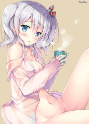 Rule 34 | 10s, 1girl, artist name, bad id, bad pixiv id, blue eyes, blush, bottomless, breasts, cardigan, circle name, cleavage, commentary request, cup, hair between eyes, holding, kantai collection, kashima (kancolle), long hair, looking at viewer, mug, navel, no panties, open cardigan, open clothes, open mouth, sidelocks, silver hair, sitting, smile, solo, sousouman, tsurime, twintails, wavy hair